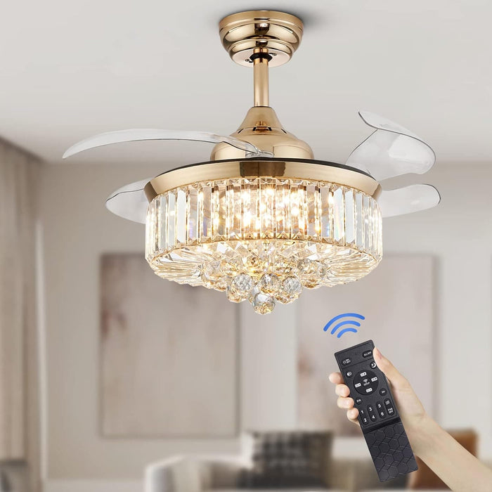 36 in. Modern Fan with Light, Crystal Ceiling Fan with Remote, LED Dimmable Gold Retractable Fan Chandelier, Reversible Fandelier for Bedroom Living Room-1-ErisView