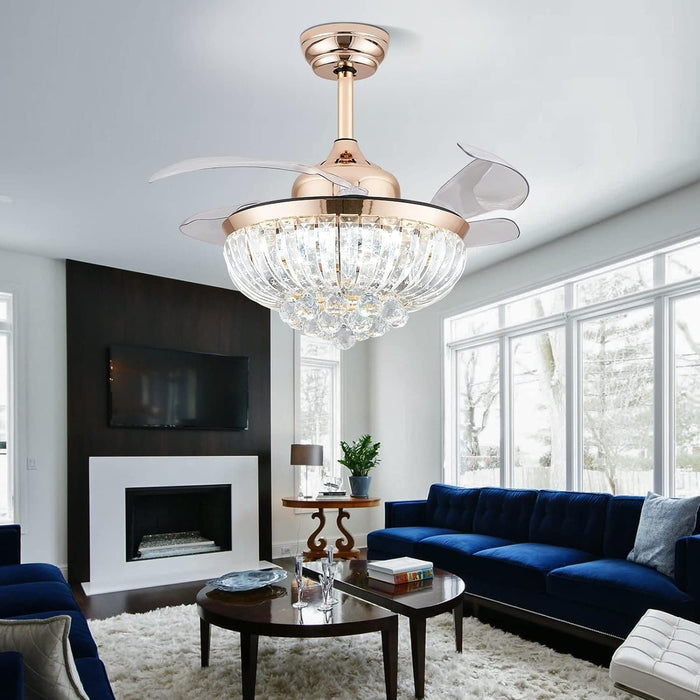 36 in. Modern Fandelier Ceiling Fan with Light, Gold Dimmable Chandelier Crystal Ceiling Fan for Dining Room Living Room-2-ErisView