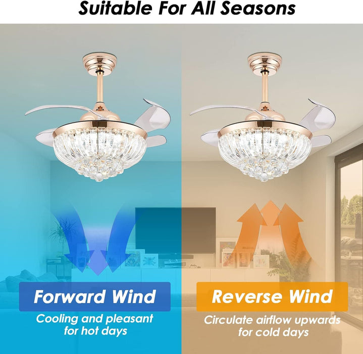 36 in. Modern Fandelier Ceiling Fan with Light, Gold Dimmable Chandelier Crystal Ceiling Fan for Dining Room Living Room-5-ErisView