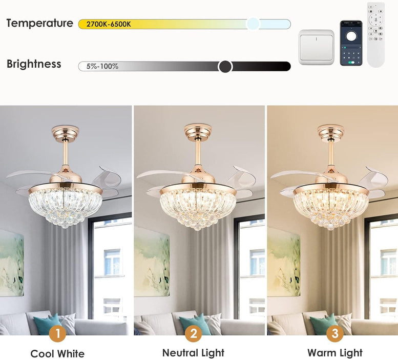 36 in. Modern Fandelier Ceiling Fan with Light, Gold Dimmable Chandelier Crystal Ceiling Fan for Dining Room Living Room-6-ErisView