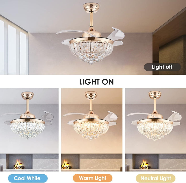 36 in. Modern Fandelier Ceiling Fan with Light, Gold Dimmable Chandelier Crystal Ceiling Fan for Dining Room Living Room-7-ErisView