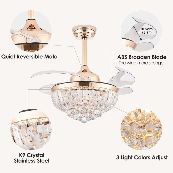 36 in. Modern Fandelier Ceiling Fan with Light, Gold Dimmable Chandelier Crystal Ceiling Fan for Dining Room Living Room-8-ErisView