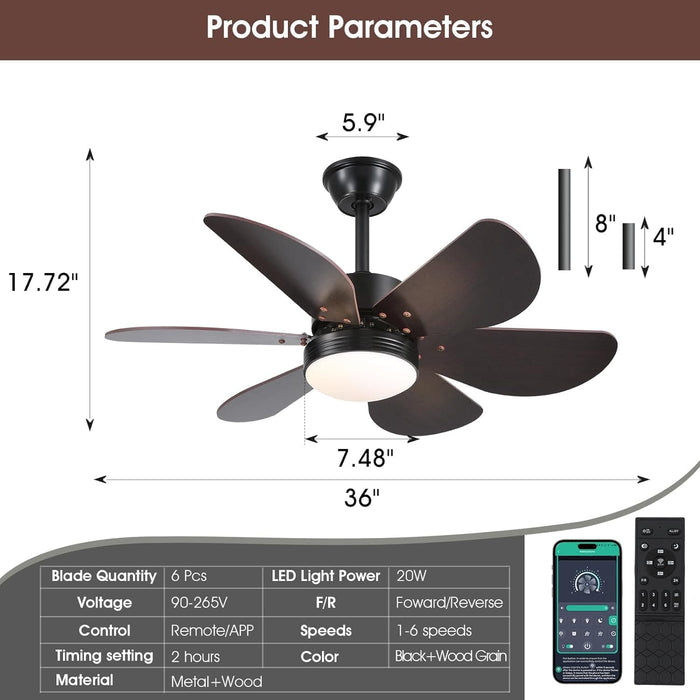 36 in. Modern Remote Control Ceiling Fan and Light, Small Black Outdoor Ceiling Fans for Patio, Reversible Wood Ceiling Fan for Bedroom Living Room Kitchen-3-ErisView