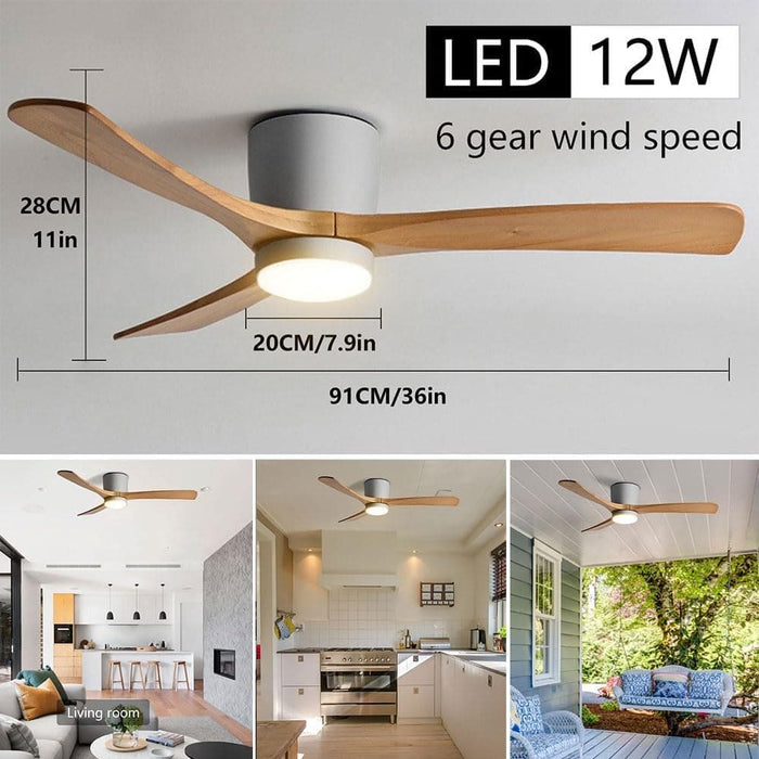 36 in. Quiet Wood Ceiling Fan, Black LED Ceiling Fan with Light for Bedroom Dining Room, Nordic Ceiling Fan Light-11-ErisView