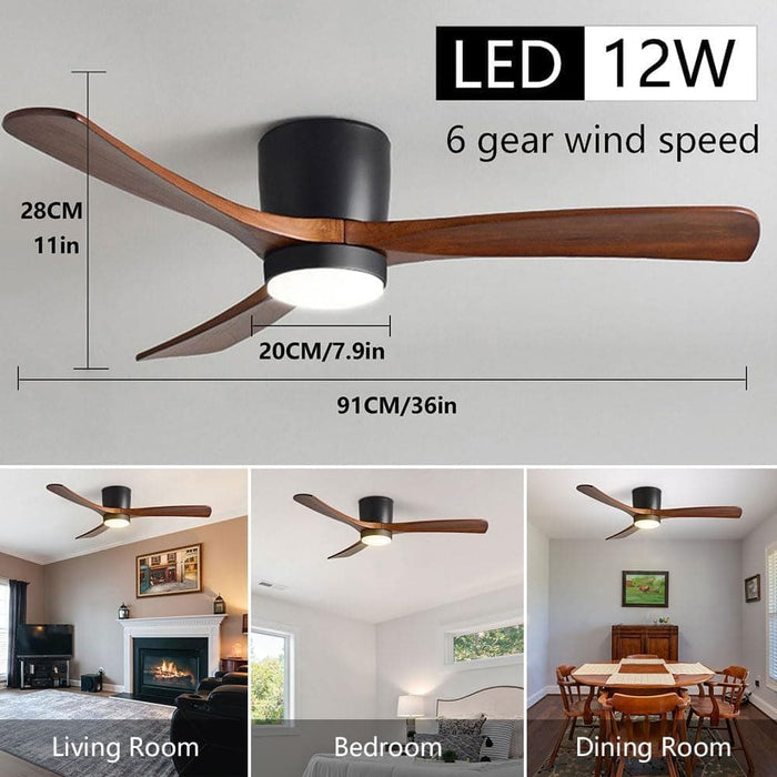 36 in. Quiet Wood Ceiling Fan, Black LED Ceiling Fan with Light for Bedroom Dining Room, Nordic Ceiling Fan Light-2-ErisView