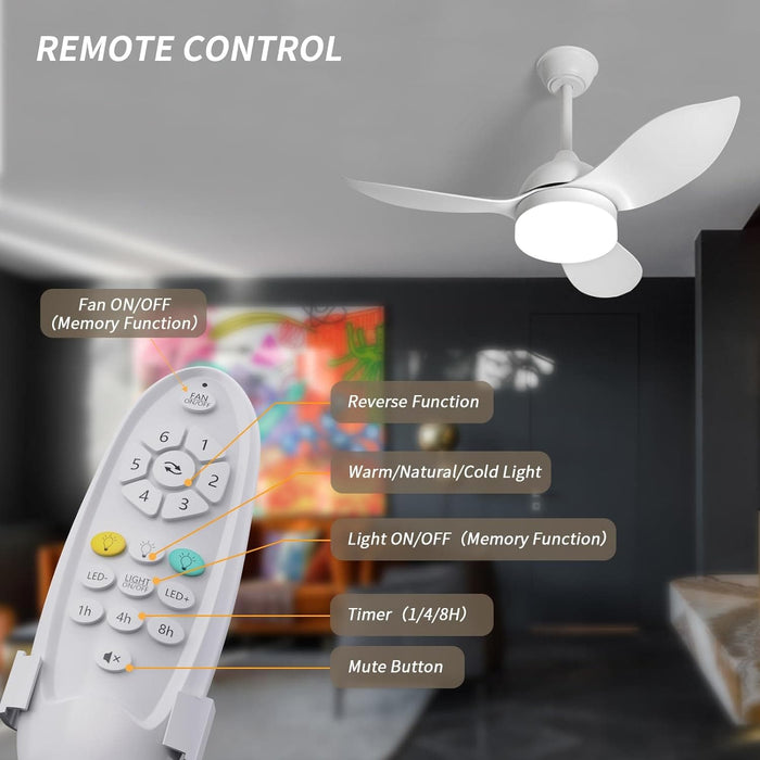 36 in. Small Ceiling Fan with Light for Kitchen Bedroom, White Reversible Low Noise Ceiling Fan-8-ErisView