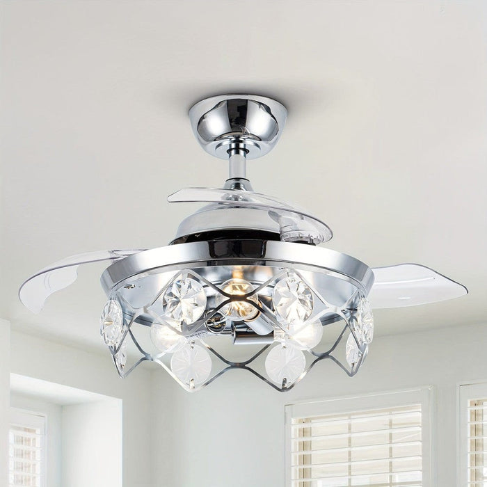 36 in. Small Modern Chrome Downrod Mount Crystal Ceiling Fan with Light and Remote Control-ErisView