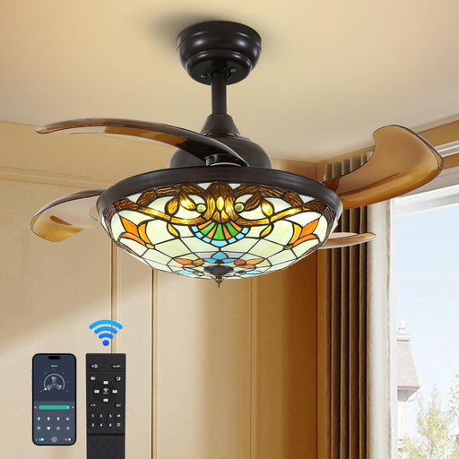 36 in. Vintage Ceiling Fans, Dimmable Retractable Chandelier Fan with Remote and APP Control for Living Room Bedroom-1-ErisView