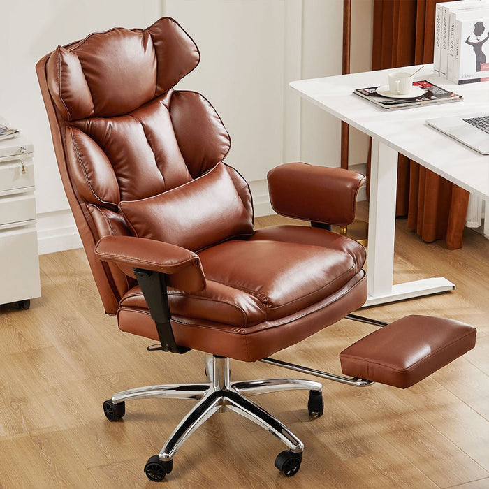 Ergonomic Office Chair, High Back Lumbar Support, Retractable Footrest, Reclining Height Adjustable, PU Leather Swivel Wheels for Home/Office