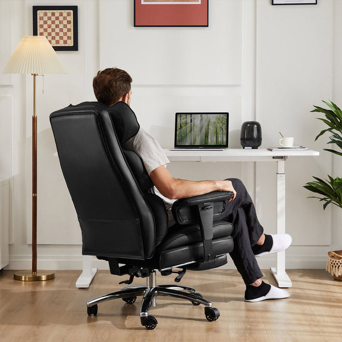 Ergonomic Office Chair, High Back Lumbar Support, Retractable Footrest, Reclining Height Adjustable, PU Leather Swivel Wheels for Home/Office