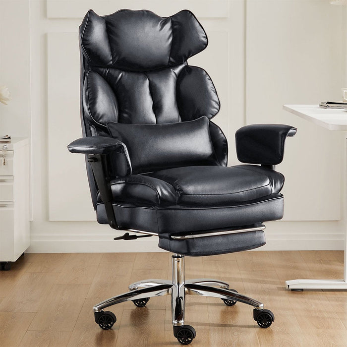 Ergonomic Office Chair, High Back Lumbar Support, Retractable Footrest, Reclining Height Adjustable, PU Leather Swivel Wheels for Home/Office