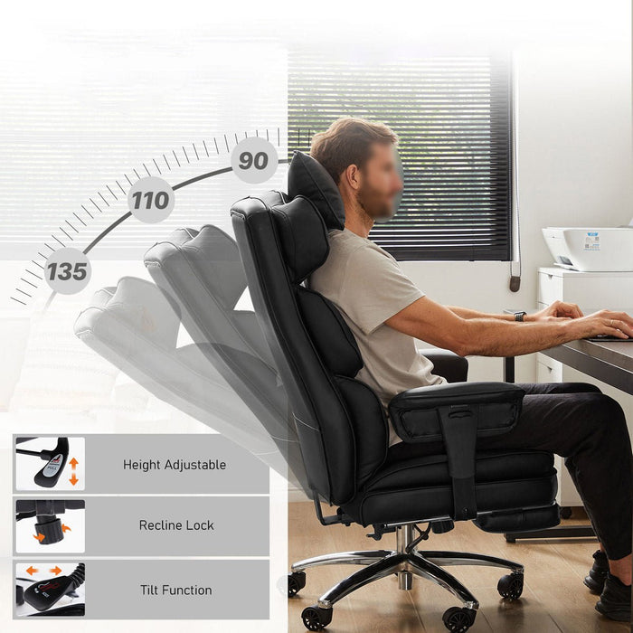 Ergonomic Office Chair, High Back Lumbar Support, Retractable Footrest, Reclining Height Adjustable, PU Leather Swivel Wheels for Home/Office
