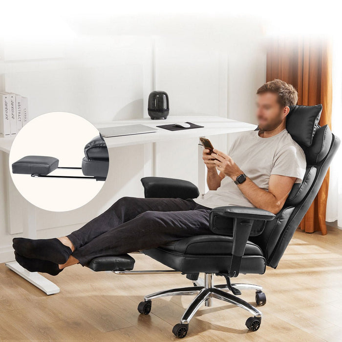 Ergonomic Office Chair, High Back Lumbar Support, Retractable Footrest, Reclining Height Adjustable, PU Leather Swivel Wheels for Home/Office
