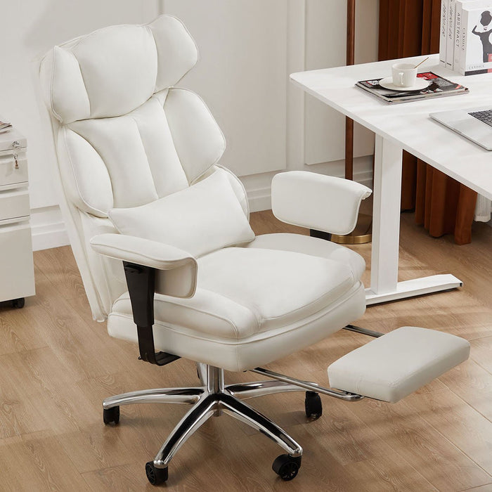 Ergonomic Office Chair, High Back Lumbar Support, Retractable Footrest, Reclining Height Adjustable, PU Leather Swivel Wheels for Home/Office