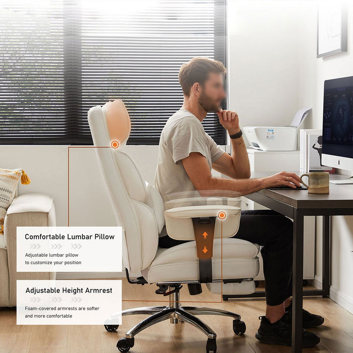 Ergonomic Office Chair, High Back Lumbar Support, Retractable Footrest, Reclining Height Adjustable, PU Leather Swivel Wheels for Home/Office