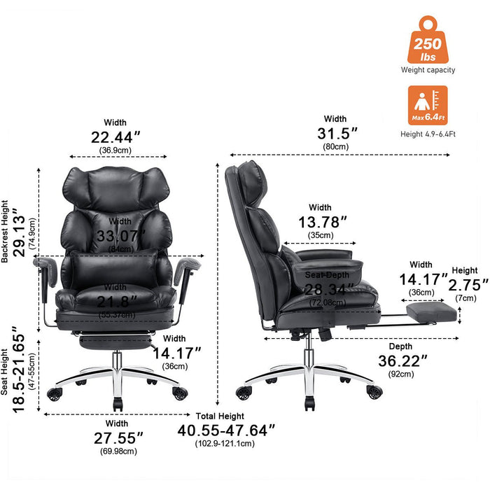 Ergonomic Office Chair, High Back Lumbar Support, Retractable Footrest, Reclining Height Adjustable, PU Leather Swivel Wheels for Home/Office