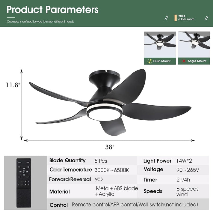 38 in. Dimmable Low Profile Ceiling Fan with Lights Remote APP Control, Reversible RGB Ceiling Fans with Ring Lights for Kids Room Bedroom Living Room-4-ErisView