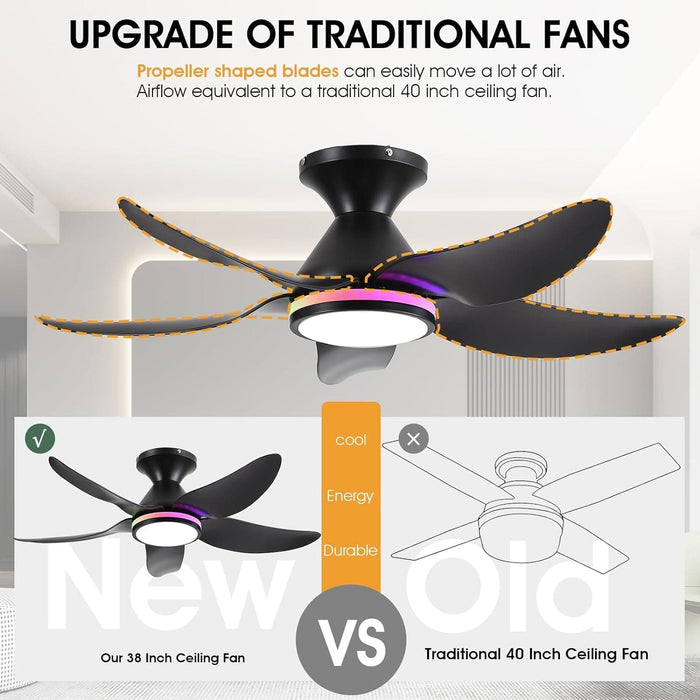 38 in. Dimmable Low Profile Ceiling Fan with Lights Remote APP Control, Reversible RGB Ceiling Fans with Ring Lights for Kids Room Bedroom Living Room-8-ErisView