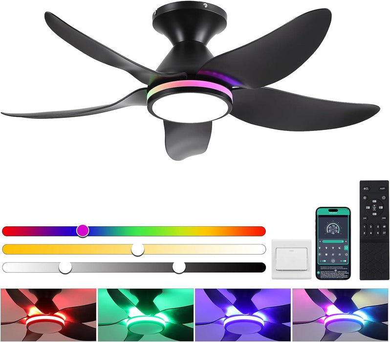38 in. Dimmable Low Profile Ceiling Fan with Lights Remote APP Control, Reversible RGB Ceiling Fans with Ring Lights for Kids Room Bedroom Living Room-1-ErisView