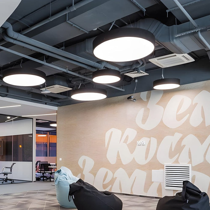 Round-panel LED Pendant Light for Commercial Spaces. Black/White