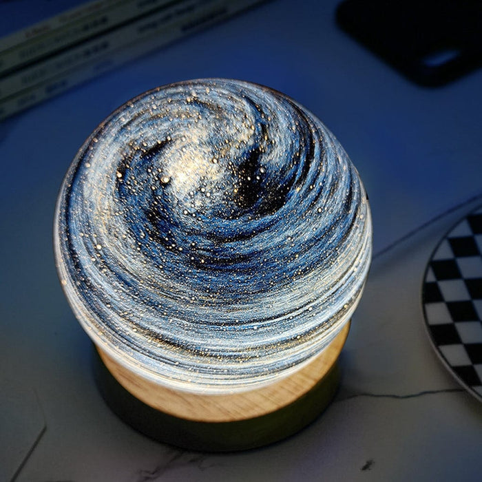 Globe Glass Galaxy Starry Sky Planet Lamp with Wooden Base Stepless Dimming LED Kids' Lamp