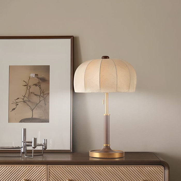 Vintage Wood Table Lamp with Fabric Dome Shade and Pull Switch