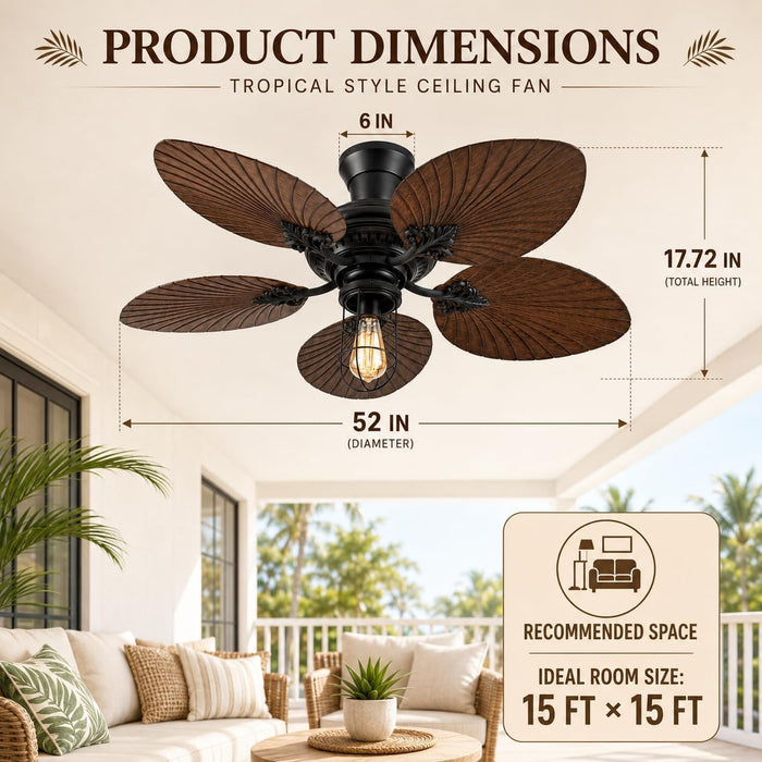 52 in. Outdoor Flush Mount Palm Leaf Ceiling Fans with Lights and Remote