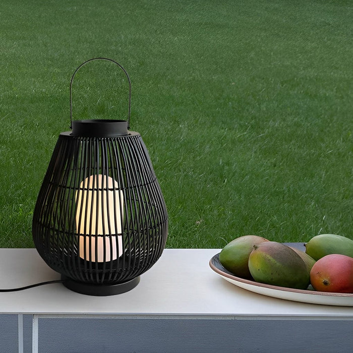 Round Handwoven Waterproof LED Black Modern Rattan Outdoor Lanterns