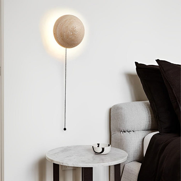 Round Natural Texture Stone Japanese Style Wall Lamp with Pull Switch