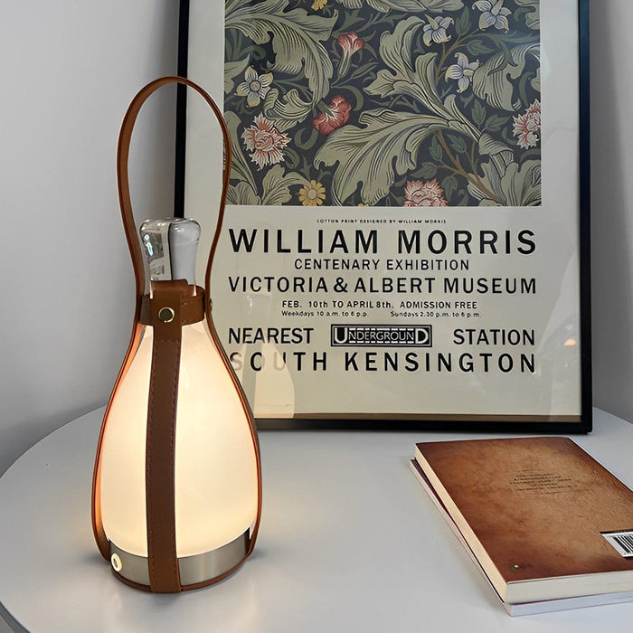 Integrated LED Built-in battery Frosted Glass Portable Bell Table Lamp with Leather Belt