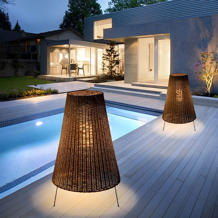 37'' Rustic Tripod Hand Woven Rattan Floor Lamp Outdoor Waterproof Three-leg Standing Lamp