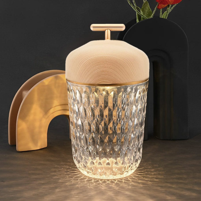 Bevel-cut Light Ash Clear Crystal Folia Wood Lid Table  Lamp LED  Touch Switch Ambient Lighting