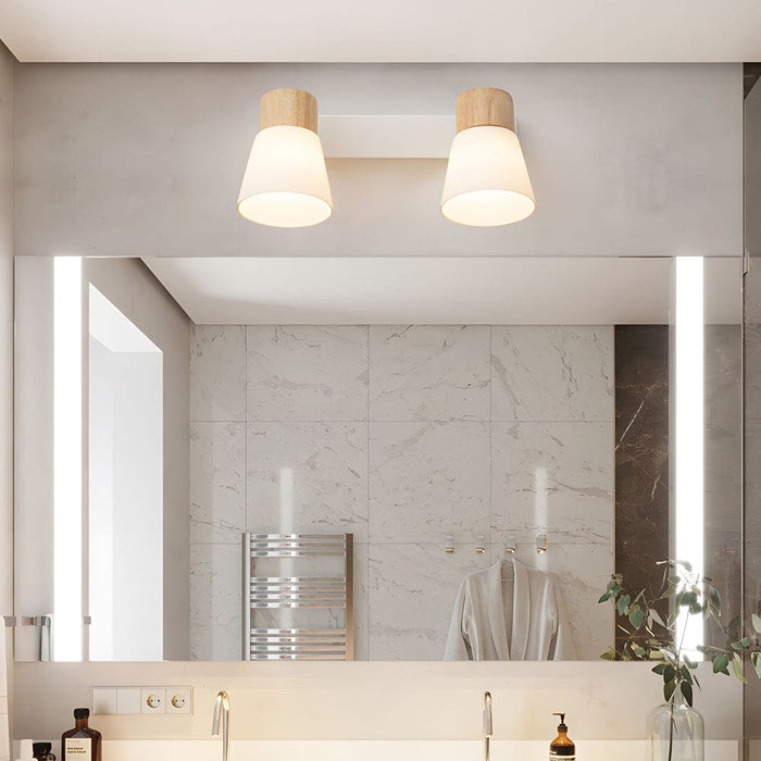 Wood Glass Cone Rotatable Light Wall Sconce. White