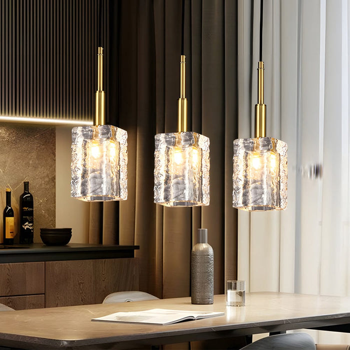 Crystal Cube Brass Pendant Light. 1-Light Copper Rod Kitchen Island Lighting