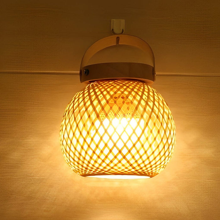Portable Woven Shade Desk Lantern with Handle. Bamboo Table Lamp with Lid