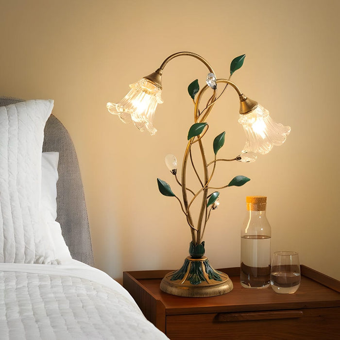 2 Lights Dimmable Glass Flowers Floral Table Lamp with Green Leaves