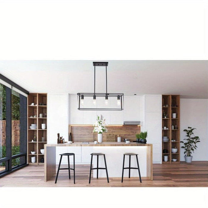 4-Light Vintage Linear Pendant Light Fixture, Industrial Rectangle Black Linear Cage Ceiling Light Fixture for Dining Room Living Room-ErisView