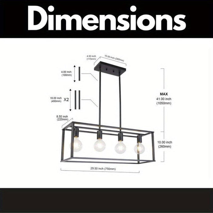 4-Light Vintage Linear Pendant Light Fixture, Industrial Rectangle Black Linear Cage Ceiling Light Fixture for Dining Room Living Room-ErisView