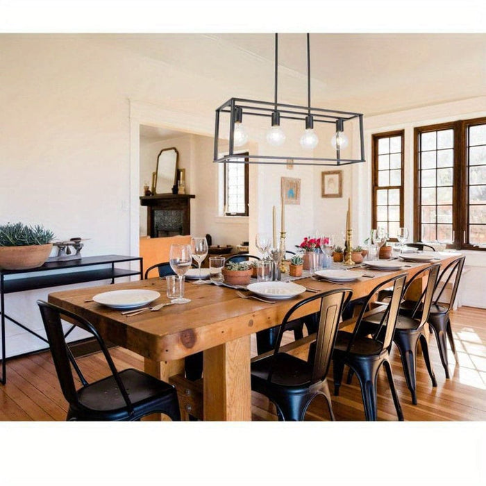 4-Light Vintage Linear Pendant Light Fixture, Industrial Rectangle Black Linear Cage Ceiling Light Fixture for Dining Room Living Room-ErisView