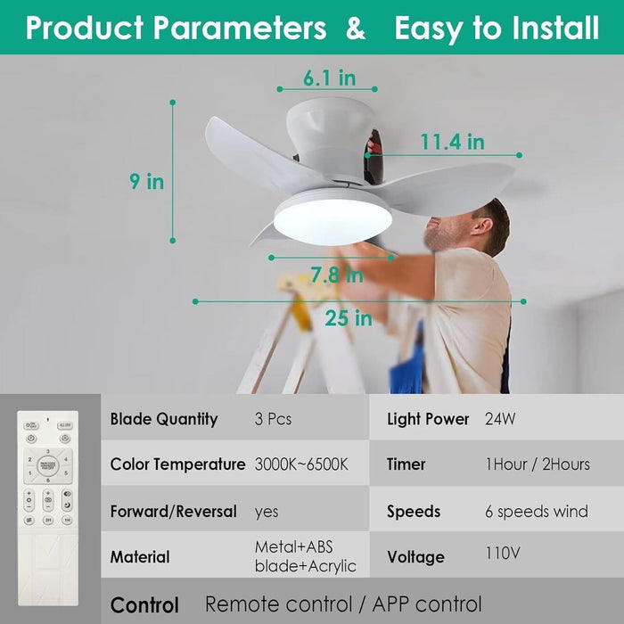 40 in. Bedroom Ceiling Fans with Lights, White Modern Ceiling Fan with Remote and APP Control, Low Ceiling Fan for Bedroom Living Room Dining Room-33-ErisView