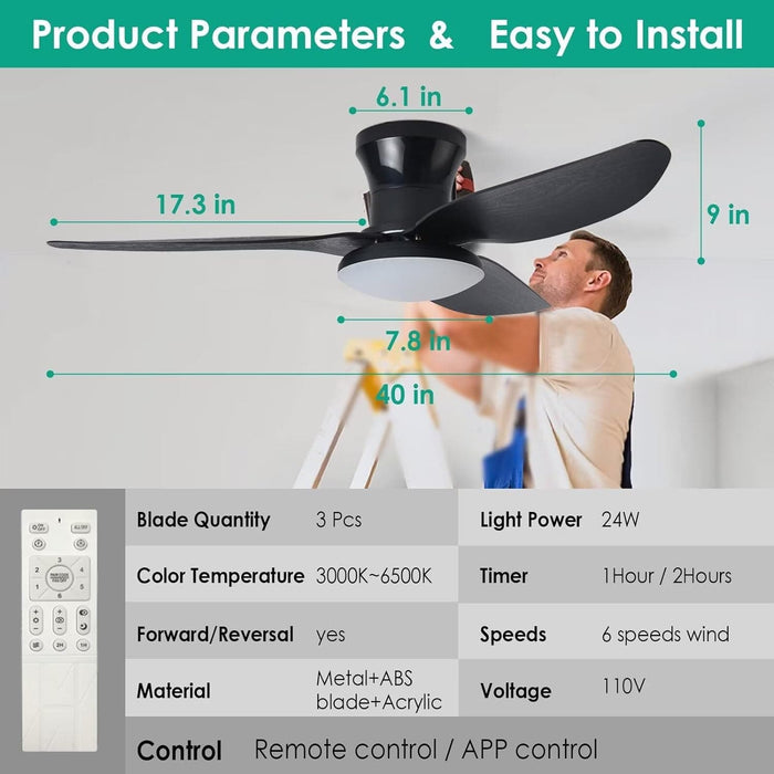 40 in. Bedroom Ceiling Fans with Lights, White Modern Ceiling Fan with Remote and APP Control, Low Ceiling Fan for Bedroom Living Room Dining Room-5-ErisView