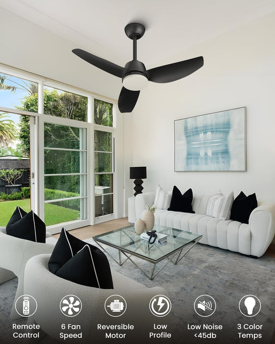 40 in. Black Contemporary Ceiling Fan with Light Remote, 3 Blade Low Profile Ceiling Fan Fixture for Bedroom Living Room Dining Room Kitchen-2-ErisView
