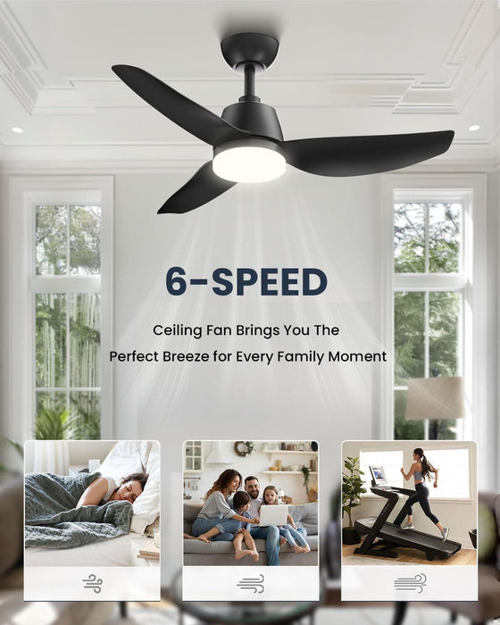 40 in. Black Contemporary Ceiling Fan with Light Remote, 3 Blade Low Profile Ceiling Fan Fixture for Bedroom Living Room Dining Room Kitchen-3-ErisView