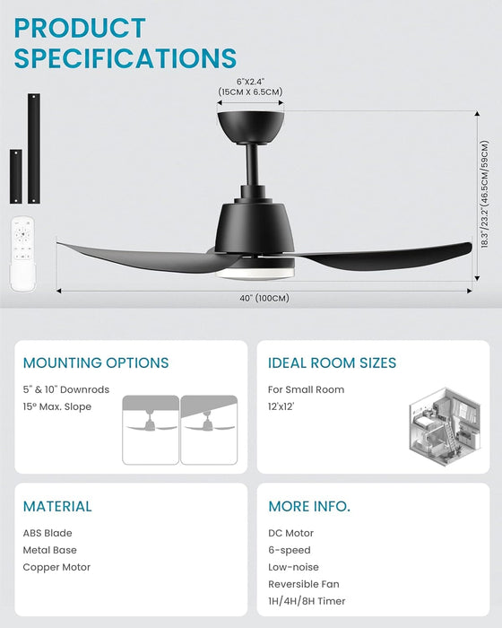 40 in. Black Contemporary Ceiling Fan with Light Remote, 3 Blade Low Profile Ceiling Fan Fixture for Bedroom Living Room Dining Room Kitchen-7-ErisView