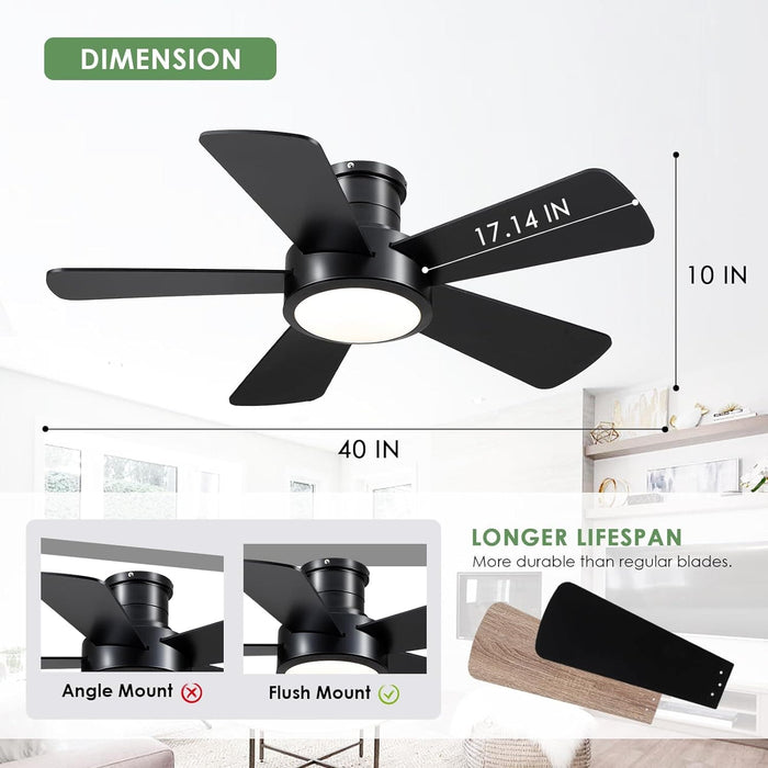 40 in. Black Modern Ceiling Fan with Lights Remote APP Control, Flush Mount Low Profile Reversible Ceiling Fans for Kitchen Bedroom Patio-2-ErisView