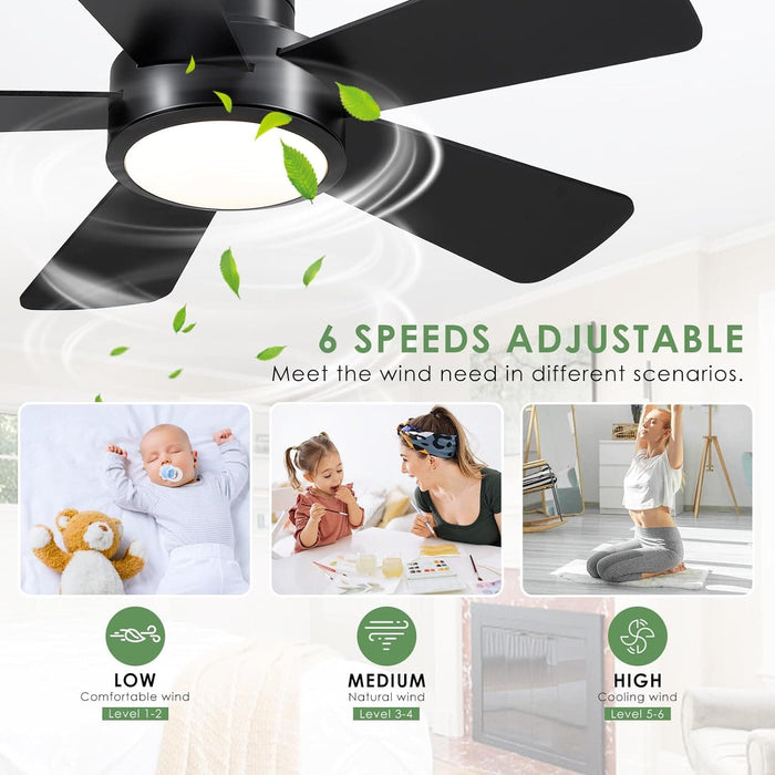 40 in. Black Modern Ceiling Fan with Lights Remote APP Control, Flush Mount Low Profile Reversible Ceiling Fans for Kitchen Bedroom Patio-4-ErisView