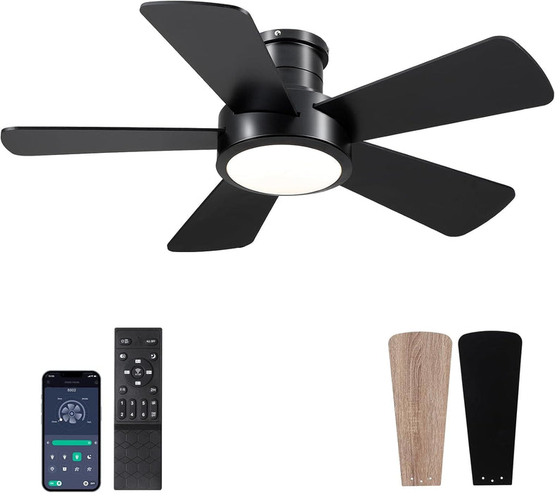 40 in. Black Modern Ceiling Fan with Lights Remote APP Control, Flush Mount Low Profile Reversible Ceiling Fans for Kitchen Bedroom Patio-1-ErisView