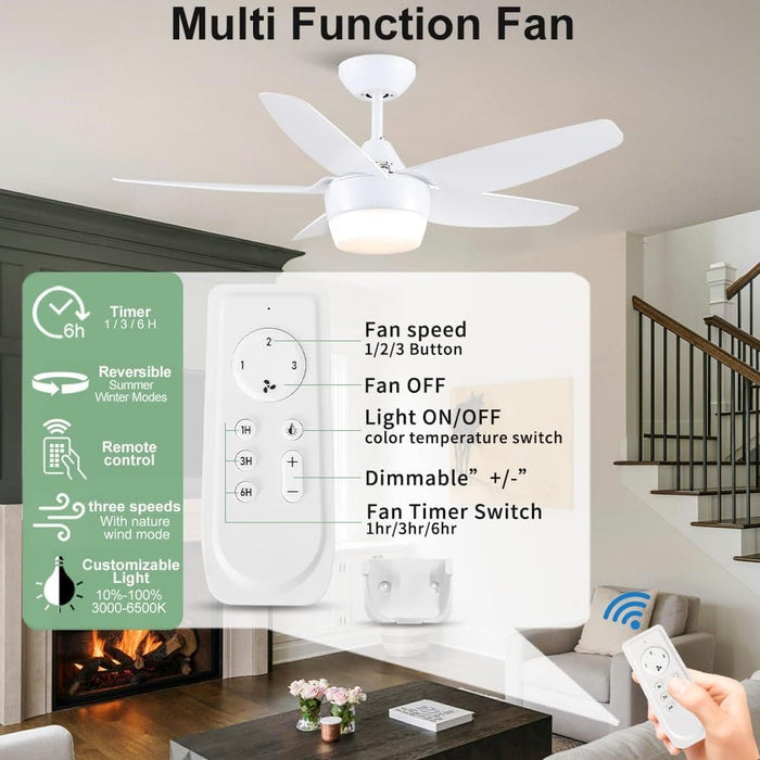 40 in. Remote Control Ceiling Fan and Light, White Modern Ceiling Fan with 5 Blades, Ceiling Fan Summer Winter, Bedroom Ceiling Fans for Low Ceiling-2-ErisView