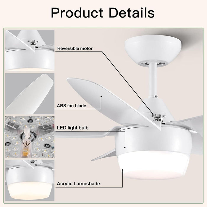40 in. Remote Control Ceiling Fan and Light, White Modern Ceiling Fan with 5 Blades, Ceiling Fan Summer Winter, Bedroom Ceiling Fans for Low Ceiling-8-ErisView