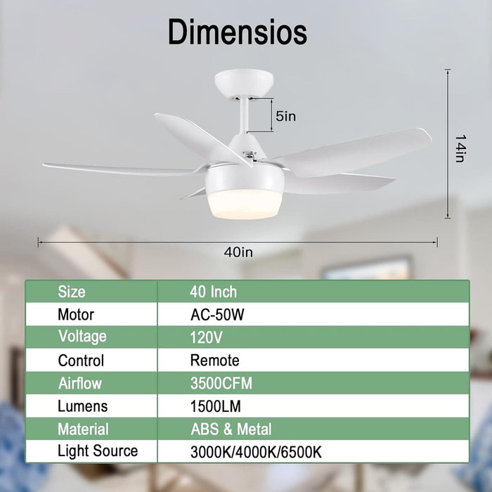 40 in. Remote Control Ceiling Fan and Light, White Modern Ceiling Fan with 5 Blades, Ceiling Fan Summer Winter, Bedroom Ceiling Fans for Low Ceiling-9-ErisView
